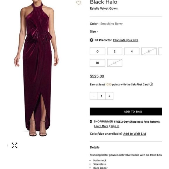 Black Halo, Estelle Smashing Berry High-Low Velvet Halter Bow Gown, Women’s 4 - Picture 15 of 15